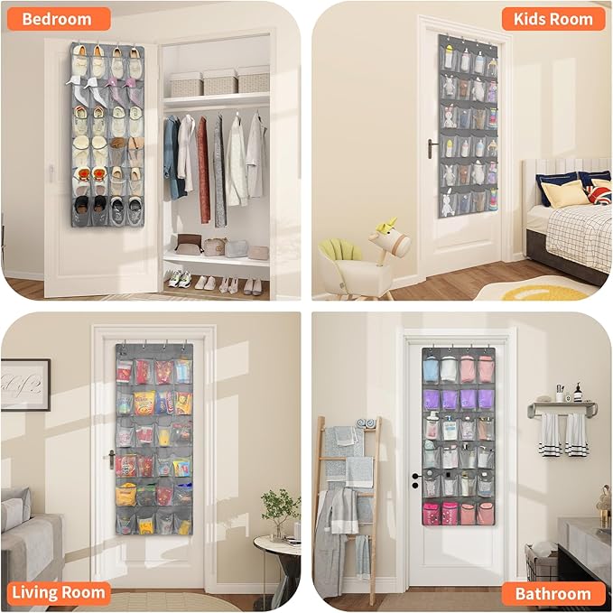 FENTEC 24 Pockets Over the Door Shoe Organizer Hanging Shoe Organizer for Closet, Space Saving Mesh Large Pocket Shoe Storage and Organizer, Shoe Holder for Apartments Garages, Grey 1 Pack