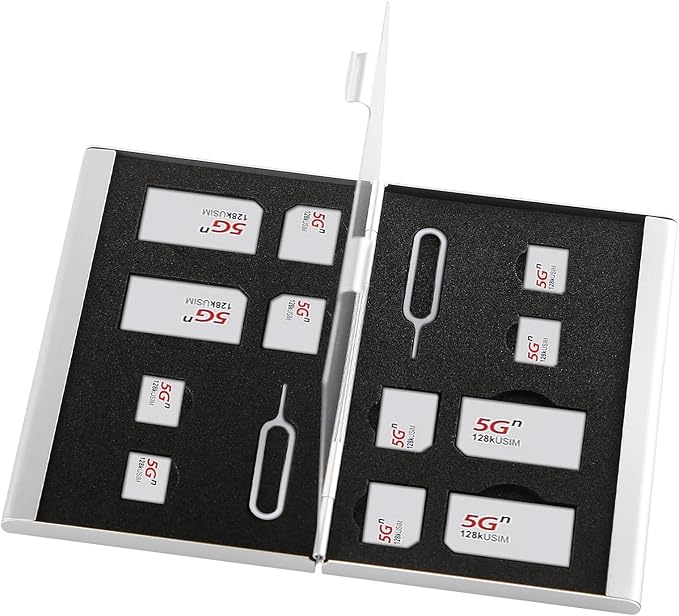 Aluminum SIM Card Case, 14Slots Ultrathin SIM Card Holder, Fit for 4 SIM Card, 4 Micro sim Card, 4 Nano sim Card and 2 Cell Phone Eject Pin Slots, Silver
