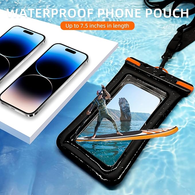 IPX8 Floating Waterproof Phone Case 2-Pack,7.2 Inch Waterproof Phone Pouch for iPhone 16/15/14 Pro Max Galaxy S24/S23 Adjustable Lanyard + Wrist Strap Beach Swimming Travel Essentials