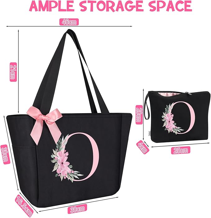 Vavabox Tote Bag, A-Z Initial Monogrammed Waterproof Tote Bag, Bridesmaid Gifts for Women, Black and Pink