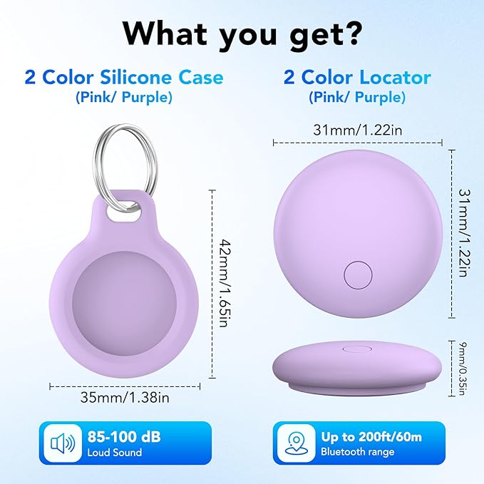 Air Tracker Tags 2-Pack, Item Finders Work for Apple Find My APP(iOS Only) Tracker Tags for Keys, Luggage, Backpack etc,Replaceable Battery, IP67 Waterproof with Holder Keychain, Pink and Light Purple