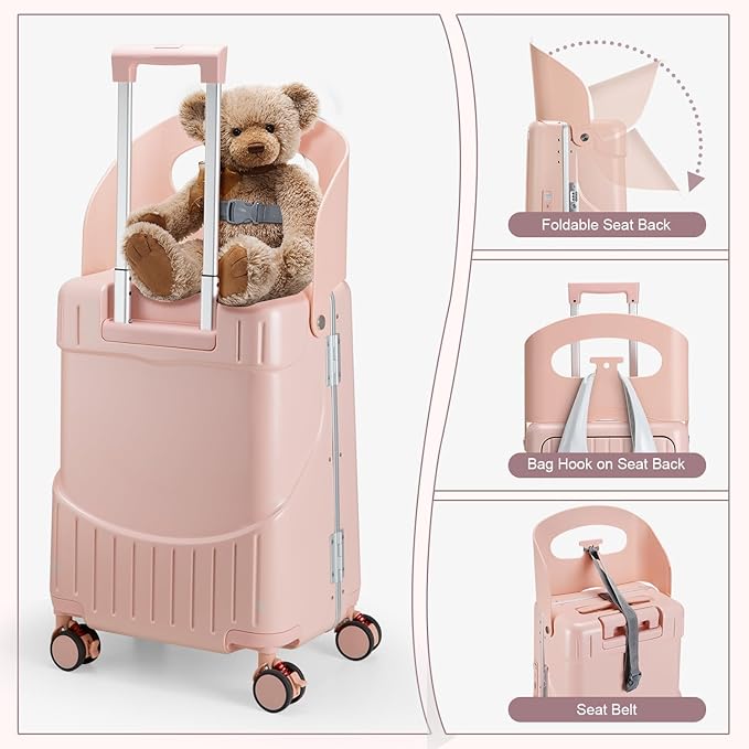 Ride On Luggage with Foldable Seat for Kids&Adults with Seat Belt,Hardshell Ride On Suitcase with Front Pocket,Lockable 4-Spinner Wheels,USB Port,TSA Lock,20 inch,Pink