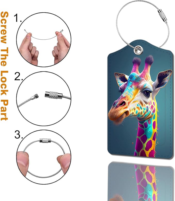 2 Pack Luggage Tag for Suitcase, Cute Unique Leather Bag Tags Identifiers Privacy Cover ID Label with Durable Steel Loop for Women Men Kids Girls Travel，GiraffeA