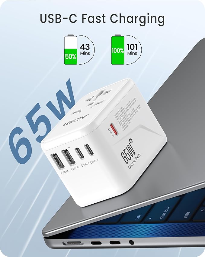 LENCENT Universal Travel Adapter, GaN III 65W International Charger with 2 USB Ports & 3 Type-C PD Fast Charging, Worldwide Outlet Adaptor for iPhone,Laptops, Type A/C/G/I (USA/UK/EU/AUS)