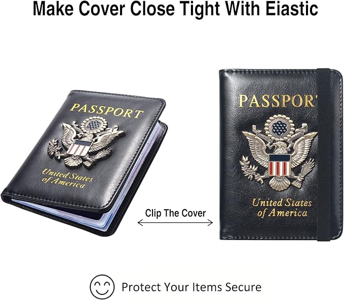 Passport Holder for Travel Passport Cover for Men Passport Wallet Case With 3D Metal Badge Protector Leather Card Case RFID Blocking Women Travel Accessories Document Organizer (Black)