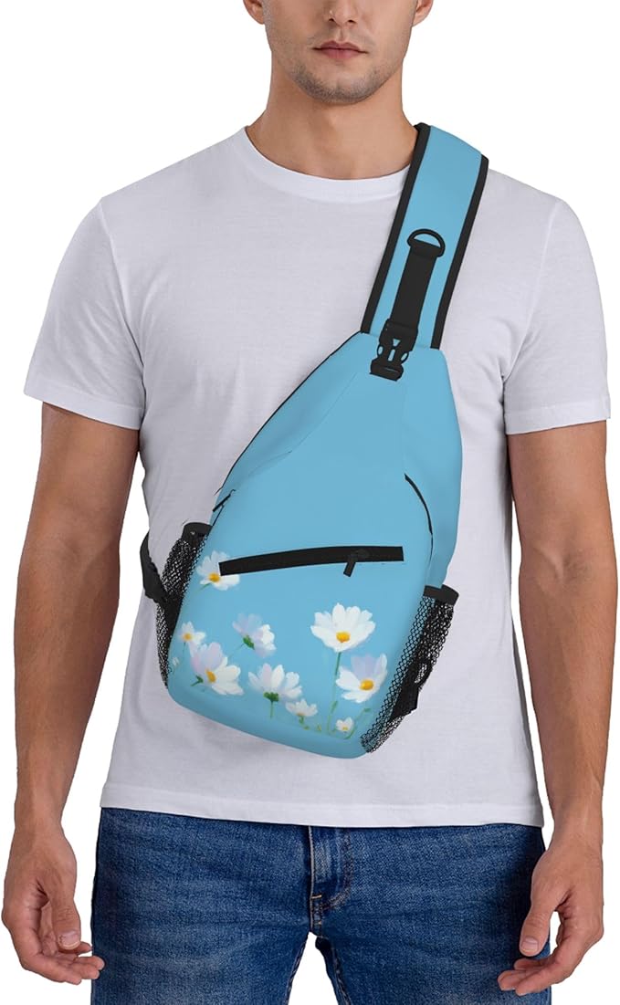 Sling Bag White Flower Blue Summer Hiking Daypack Crossbody Shoulder Backpack Travel Chest Pack for Men Women