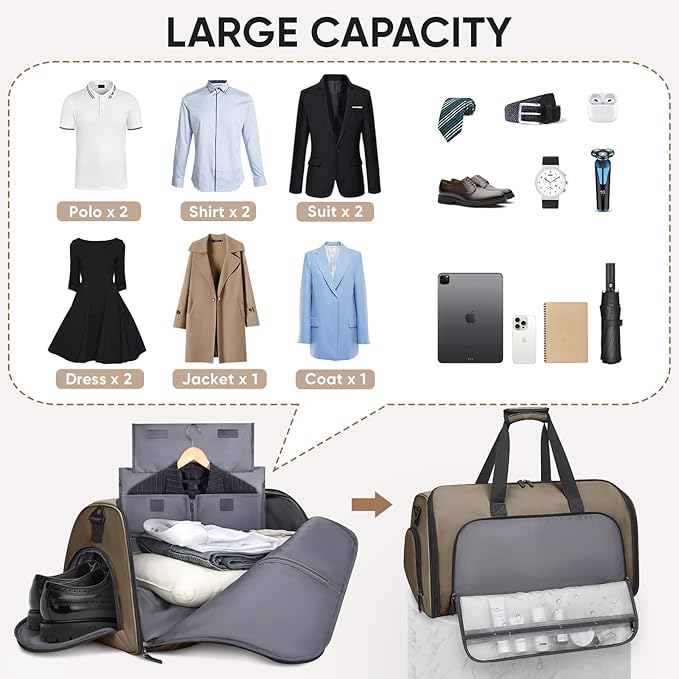 BALEINE Convertible Garment Bag with Shoe Compartment, 2 in 1 Carry on Garment Duffle Bags for Travel, Suit Bag for Men Women (Brown)