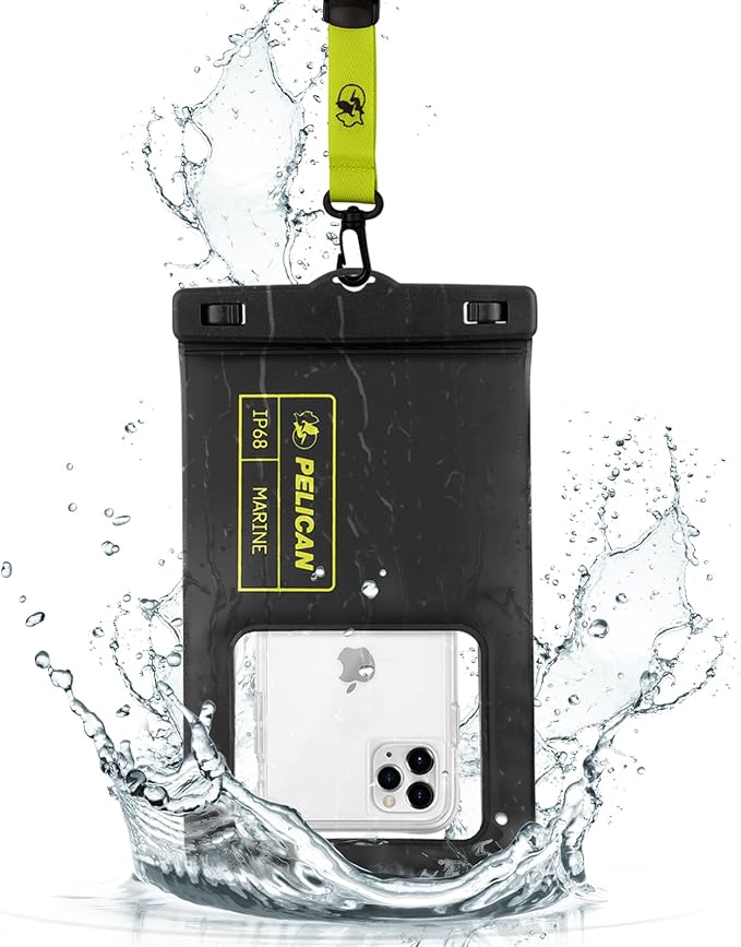 Pelican Marine - IP68 Waterproof Phone Pouch (XL Size) Floating Waterproof Phone Case - Beach Cruise Ship Travel Essentials - Works with All Phones - Detachable Lanyard - Black/Hi-Vis Yellow