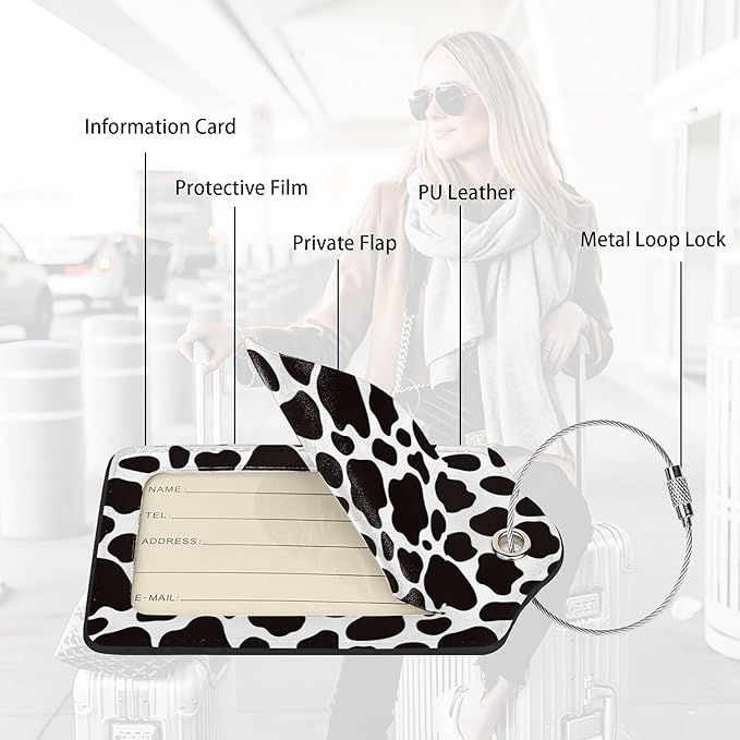 2 Pack Luggage Tags for suitcases Cute Cow Luggage Tag, Leather Stainless Steel Loop Label Tag for Men Women Travel Bag Suitcase(Cow)