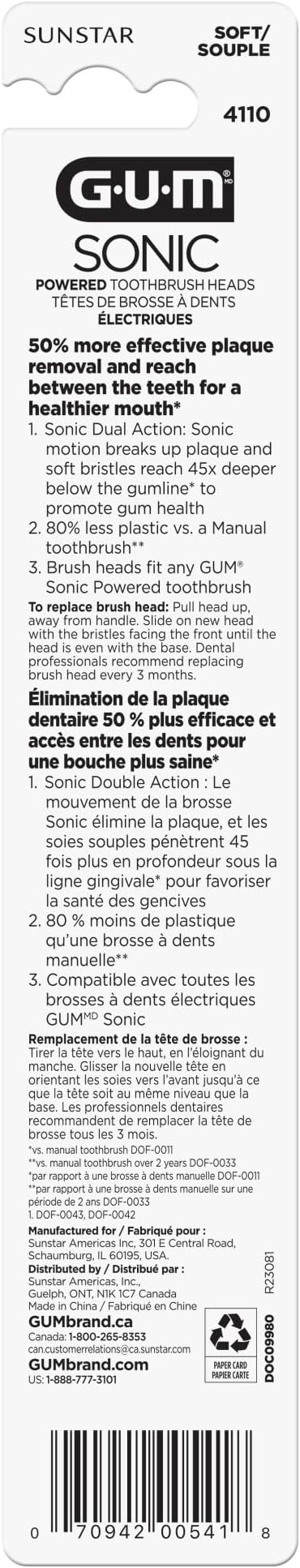 GUM Sonic Powered Toothbrush, Tapered Bristles Clean Below The Gumline, Bundle, White, 1 Handle(1ct) + 2 Refills(2ct. 1pk)