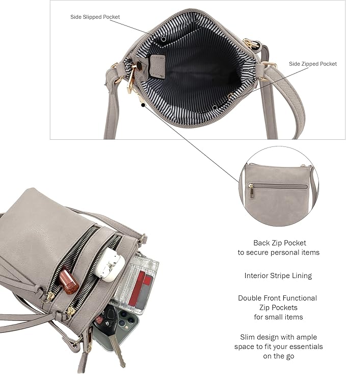 DELUXITY | Crossbody Purse Bag | Functional Multi Pocket Double Zipper Purse | Adjustable Strap | Medium Size Purse | Grey