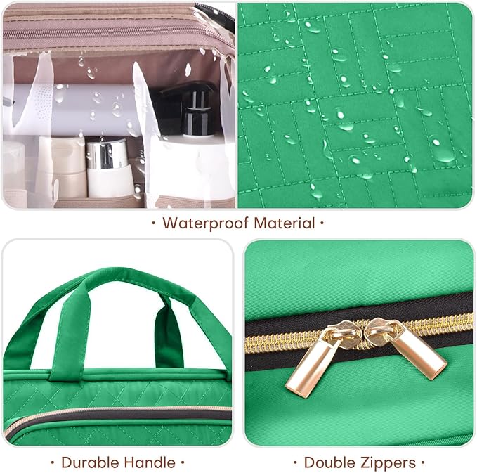 Toiletry Bag for Women with Jewelry Organizer Compartment, Travel Makeup Cosmetic Bag with Hanging Hook for Full-sized Toiletries, Shampoo - Green