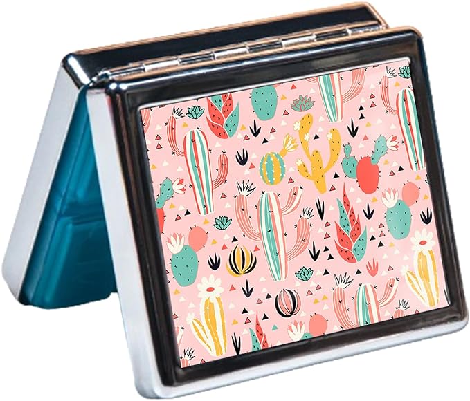 Silver Vintage Pill Box 7 Day Metal Pill Box with Mirror and 8 Compartments Cute Travel Pill Organizer for Purse (Southwestern Cactus)