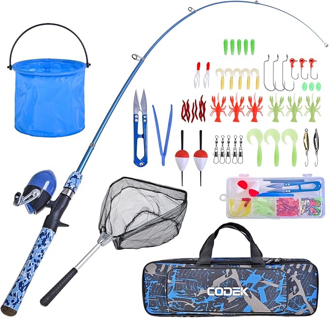 CODEK Kids Fishing Pole Set with Full Starter Kits 2 Set Portable Telescopic Fishing Rod and Spincast Reel Cambos with a Fishing Net and 2 Buckets for Boys Girls and Youth