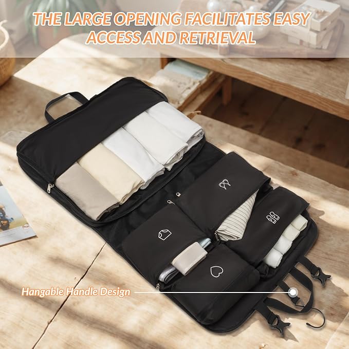 Hanging Packing Cubes,Garment Bags for Travel and Storage, Travel Apparel Bags for Men Women with 5 Solid Color Pockets, Storage Bags for Clothes, Socks,Underwear for Carry on Suitcase (Black)