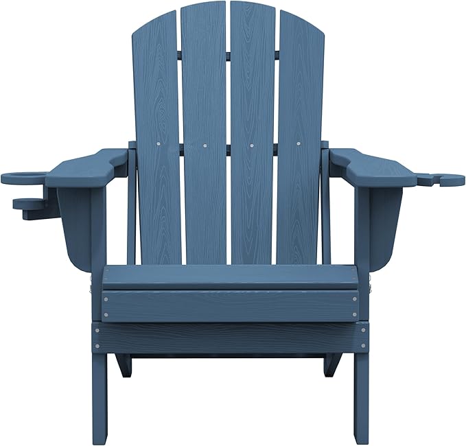 SERWALL Folding Adirondack Chair, Dual Cup Holders & All-Weather HDPE, Wood-Like Patio Chair for Backyard, Camping，Pool & Fire Pit- Navy