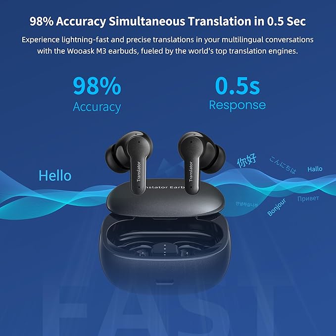 Offline AI Translator Earbuds M3 Language Translator Device Translation Earbuds Real Time Support 144 Languages No Subscription Required (with Lifetime Free Offline Translation Black)