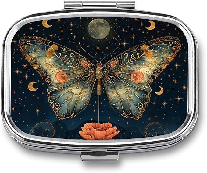 Metal 2 Compartment Pill Organizer Travel Friendly Portable Compact Pill Box Cute Pill Case to Hold Vitamins,Fish Oil,Supplements,Meds,Tablet for Purse,Pocket. (Butterflies in The Night)