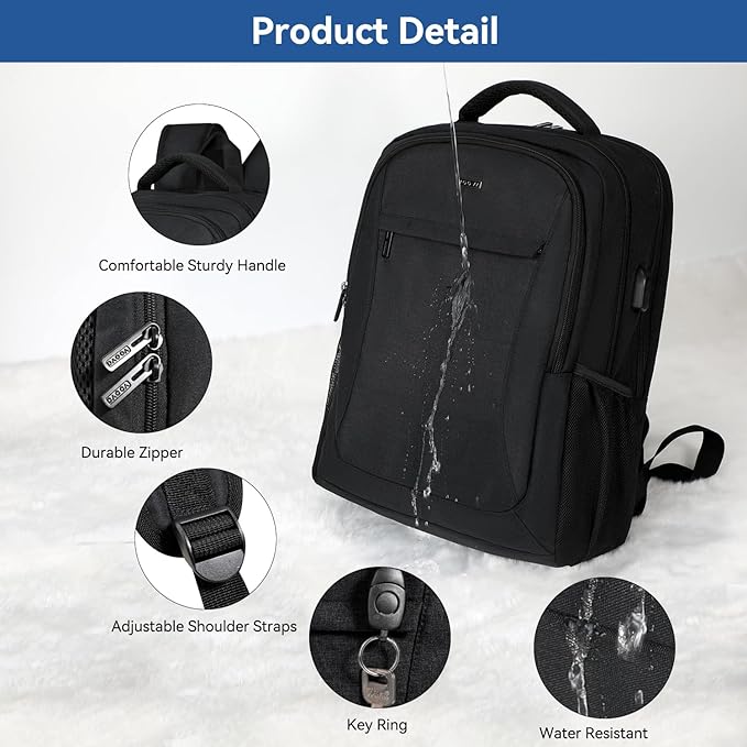 Voova Travel Laptop Backpack, Business Work Laptop Backpack for Women & Men with USB Charging Port, Waterproof Slim Durable College Computer Bag Fits 15.6 Inch Laptops and Notebook, Black