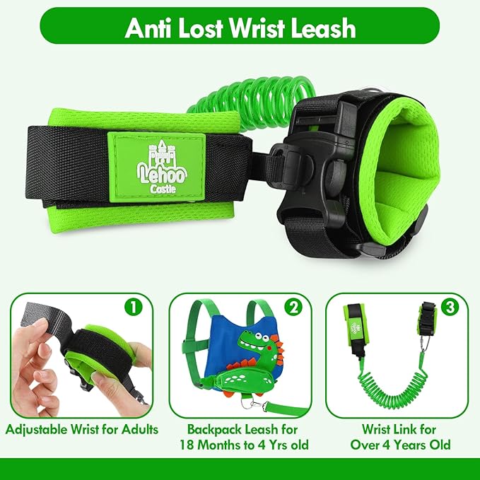 Lehoo Castle Toddler Leash for 1-5 Years, Baby Safety Harness for Boys with Anti-Lost Key Lock & Adjustable Strap, 3-in-1 Wrist Leash and Kids Backpack Harness for Walking Travel (Dinosaur)