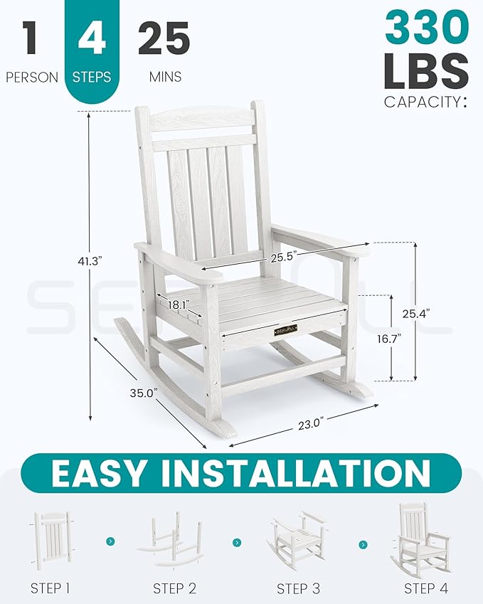 SERWALL Outdoor Rocking Chair Set of 2, HDPE Patio Rocking Chair All-Weather Porch Rocker for Balcony, Yard, White