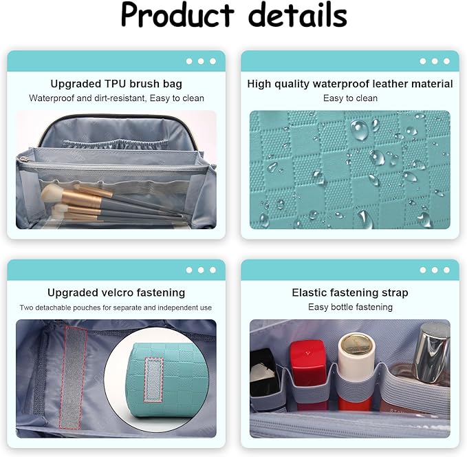 BOYATU Travel Makeup Bag Organizer Cosmetic Bag: 3 Pcs Set Make up Bags for Women with Handle - Waterproof Vegan Leather Toiletry Bags with Comparments (C-03-Blue)