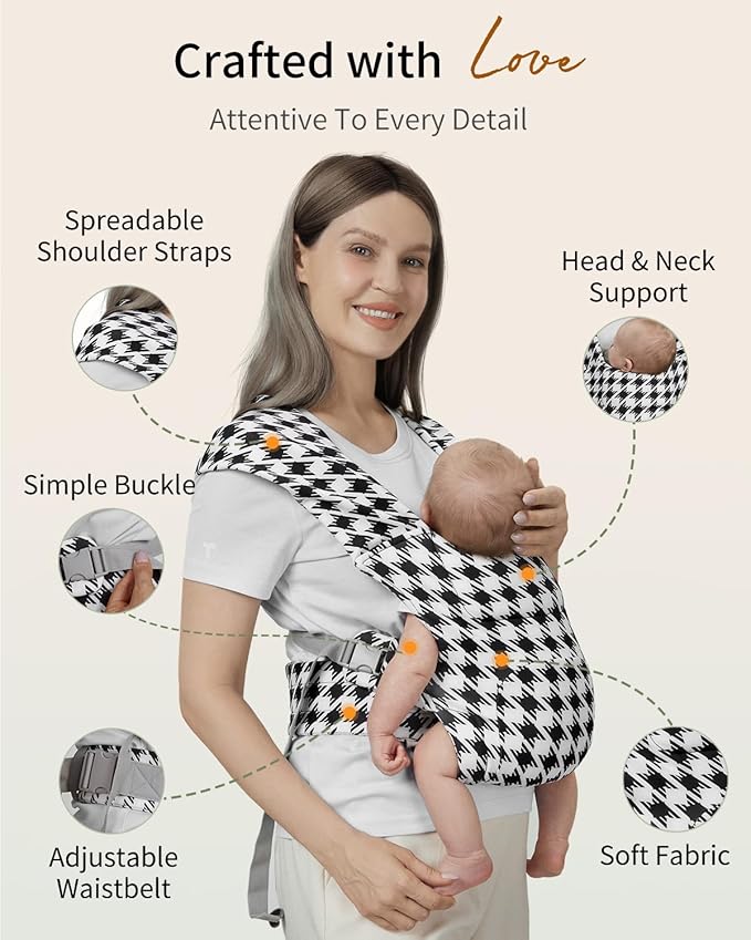 Newborn Carrier, Cozy Baby Carrier, Ergonomic Cross-Back Wrap, Hands-Free with Supportive Comfort, Tweed Black & White