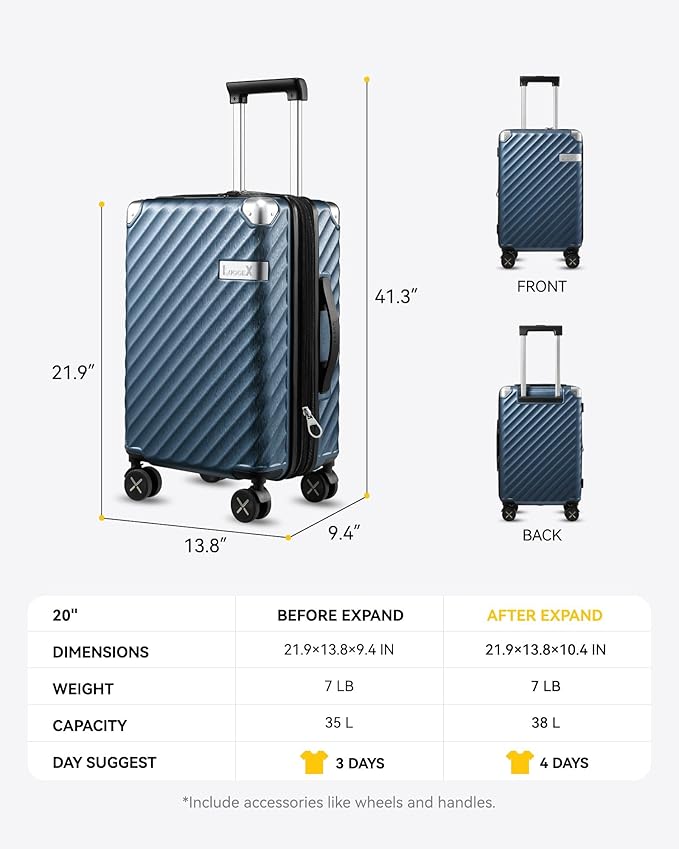 LUGGEX Luggage with Spinner Wheels, Polycarbonate Expandable Hard Shell Suitcase, Carry On 20 Inch, Pink