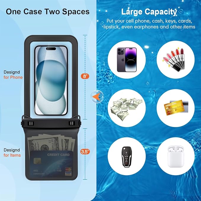 Double Space Waterproof Phone Pouch, 2 Pack Waterproof Phone Case with Lanyard for iPhone 16 15 Pro Max Galaxy S23 Pixel 7a up to 8.5’’, Cellphone Dry Bag for Beach Vacation Travel Cruise Essentials