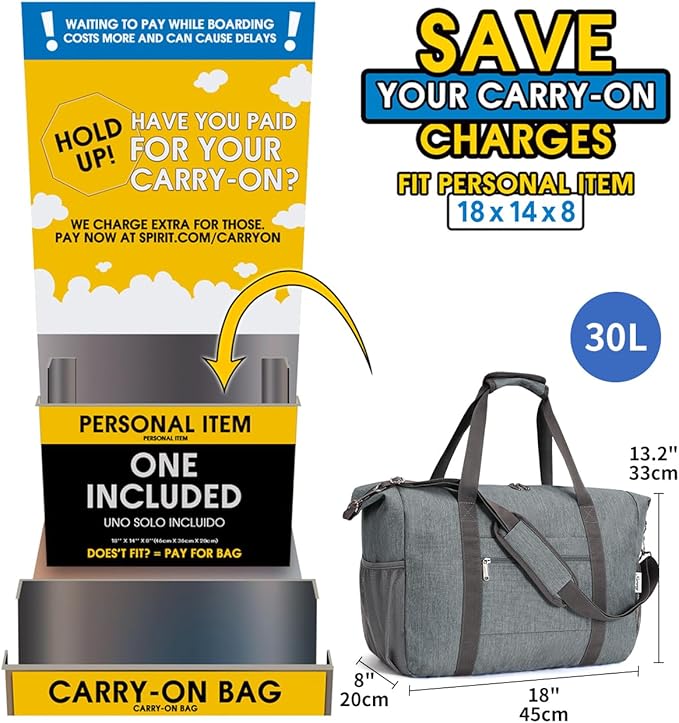 Narwey 18x14x8 Inches Travel Bag Spirit Airlines Frontier Personal Item Bag, Travel Duffel With Wet Pocket Carry on Bag for Airplane Underseat Duffle Overnight for Women and Men (Grey)