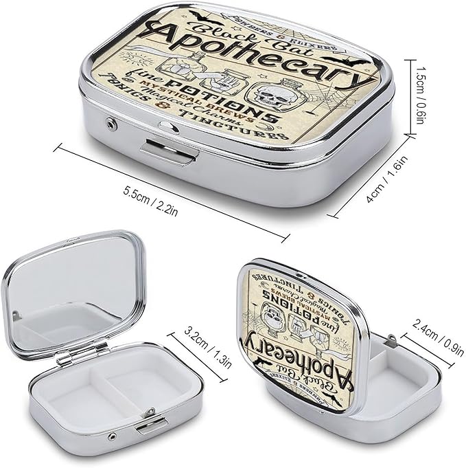 Metal 2 Compartment Pill Organizer Travel Friendly Portable Compact Pill Box Cute Pill Case to Hold Vitamins,Fish Oil,Supplements,Meds,Tablet for Purse,Pocket. (Apothecary)