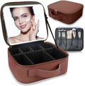 Makeup Bag with Led Mirror,Travel Makeup Organizer with 3 Color Setting, Portable Storage and Adjustable Dividers Travel Makeup Bag(Dark brown)
