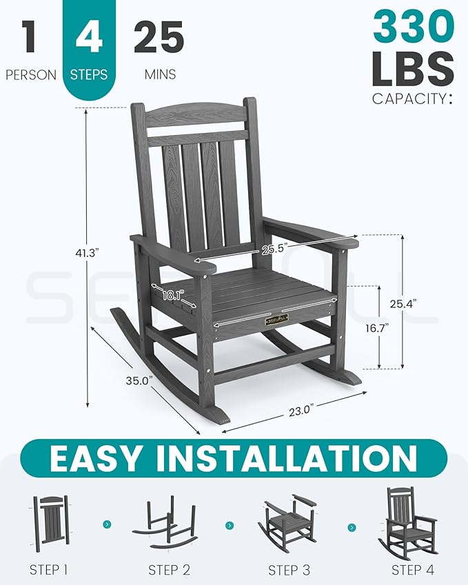 SERWALL Outdoor Rocking Chair, HDPE Patio Rocking Chair All-Weather Porch Rocker for Balcony, Yard, Gray