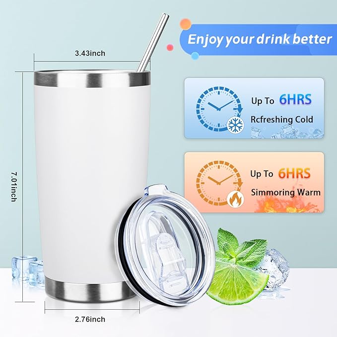 20oz Tumbler with Straw and Brush, Stainless Steel Vacuum Insulated tumbler, Double Wall Insulated Coffee Tumbler for Outdoor, Home, Travel,Office (White,1pcs)