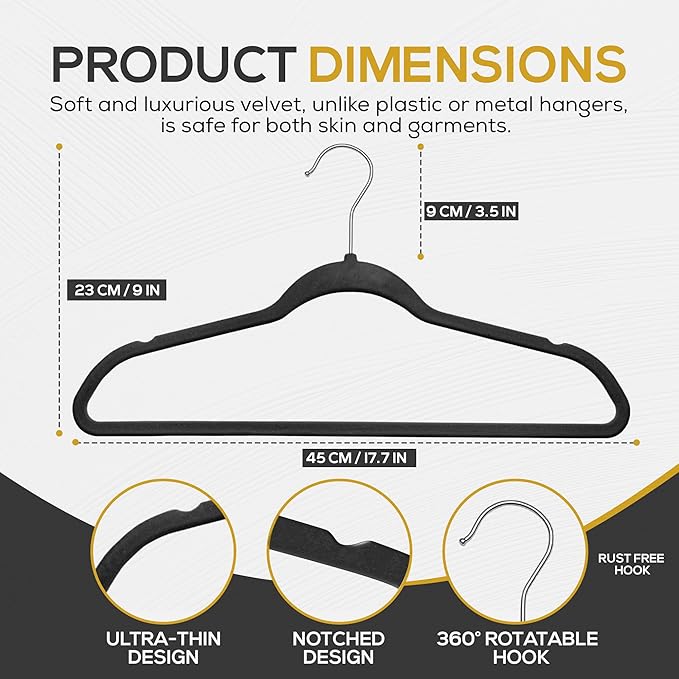 50 Pack New Premium Quality Velvet Hangers Ultra Thin Non Slip Adult Felt Space Saving Hangers for Closet Heavy Duty Coat Pants Jackets Dress Hangers 360° Swivel Hook Hold Upto 10 lbs Black