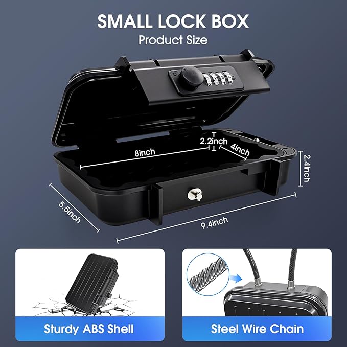 Beach Lock Box,Travel Safe Lock Box with Removable Chain,Locking Boxes with Code,Portable Lockbox for Travel Safe,Personal Items,Beach,Gym,Hotel,Dorm,Black