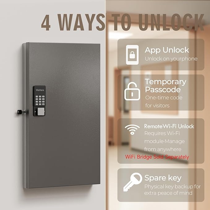 WeHere 96 Key Lock Box Wall Mount, APP Bluetooth/OTP/Wi-Fi/Fixed Code/Key Unlock, Smart Key Cabinet with Key Tag, Key Organizer Holder Box, Key Management Directory for Office, Valet, Realtor, Hotel