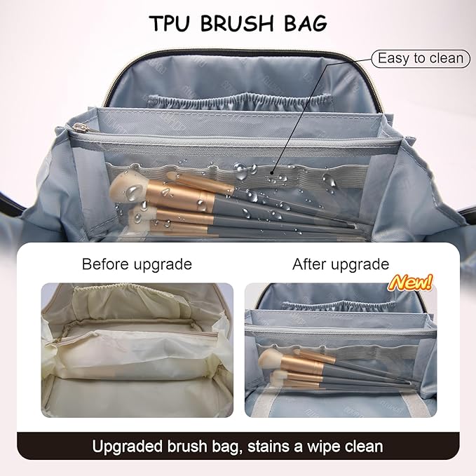 BOYATU Travel Makeup Bag Organizer Cosmetic Bag: 3 Pcs Set Make up Bags for Women with Handle - Waterproof Vegan Leather Toiletry Bags with Comparments (D-01-Brown)