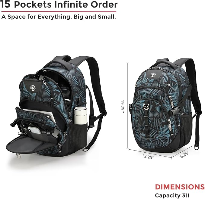 Swissdigital Laptop Backpack with USB Charging Port, Travel Backpack Fits 15.6 inches Computer, 31L Backpack for Men, Dark Green | SD803