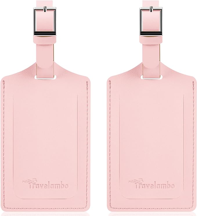 Travelambo Luggage Tags for Suitcases Faux Leather Privacy Protection 2 Pack Bag Tags Travel Accessories Essential, Light Pink