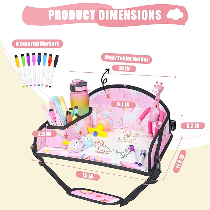 Upgraded Kids Travel Tray for Car Seat - Travel Tray for Airplane, Toddler Lap Tray, Carseat Lap Desk for Kids Road Trip Activities, Pink Unicorn - 2 PCS