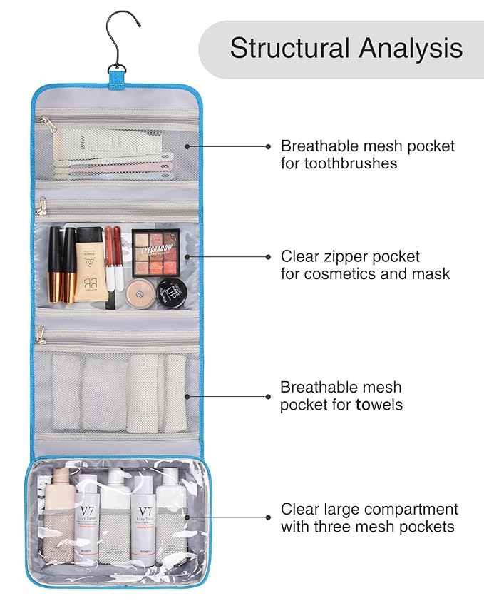Relavel Travel Hanging Toiletry Bag for Women Men Large Capacity Makeup Bag Waterproof Cosmetic Storage Organizer Case for Bathroom Shower (Blue)