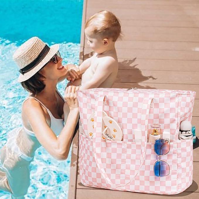 LEDAOU Large Beach Tote Bag Women Waterproof Sandproof Zipper Beach Tote Bag for Pool Gym Grocery Travel with Wet Pocket