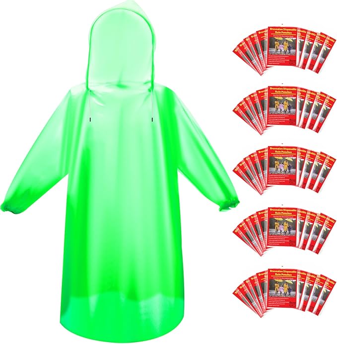 Bruvoalon 6 & 20 Pack Disposable Rain Ponchos for Adults/Youth, Waterproof PE Raincoats with Drawstring, Camping/Emergency