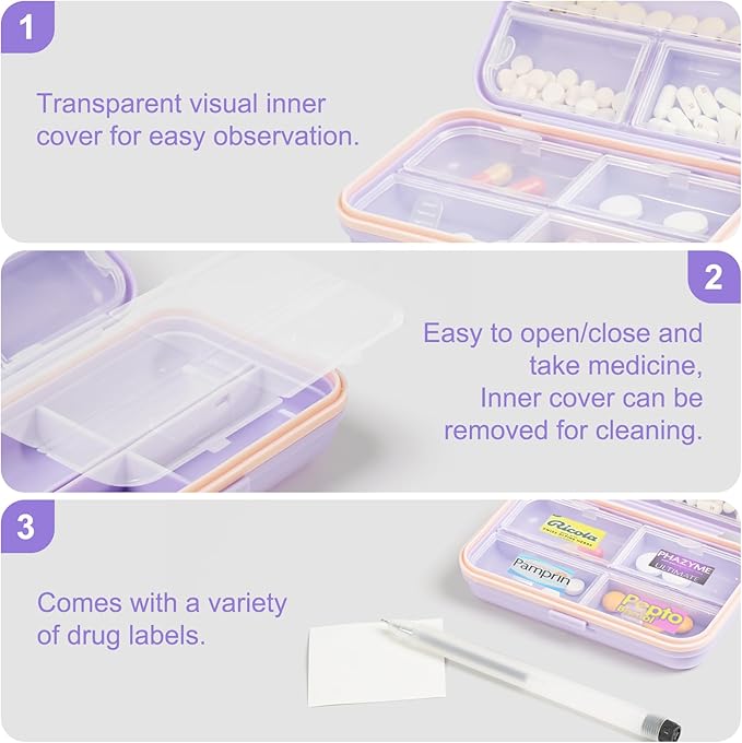 Travel Pill Organizer Box with Medicine Labels, 7 Compartments Portable Pill Case, Daily Medication Organizer Storage Pill Container for Pocket Pharmacy(Purple, L)
