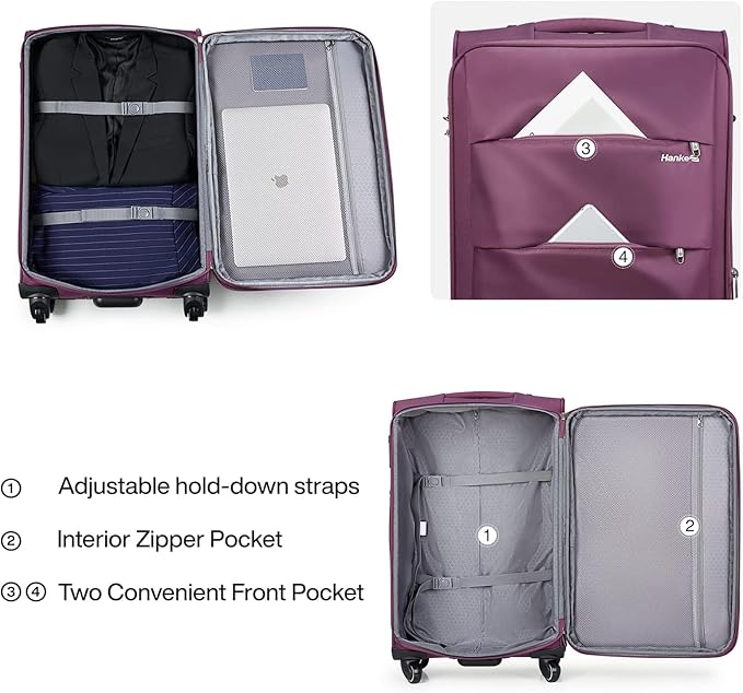 Hanke 20/28 Inch 2 Piece Luggage Sets with Spinner Wheels Expandable Luggage Large Suitcases with Wheels Lightweight Travel Luggage Rolling Suitcase with Lock Softside Checked Luggage.(Purple)