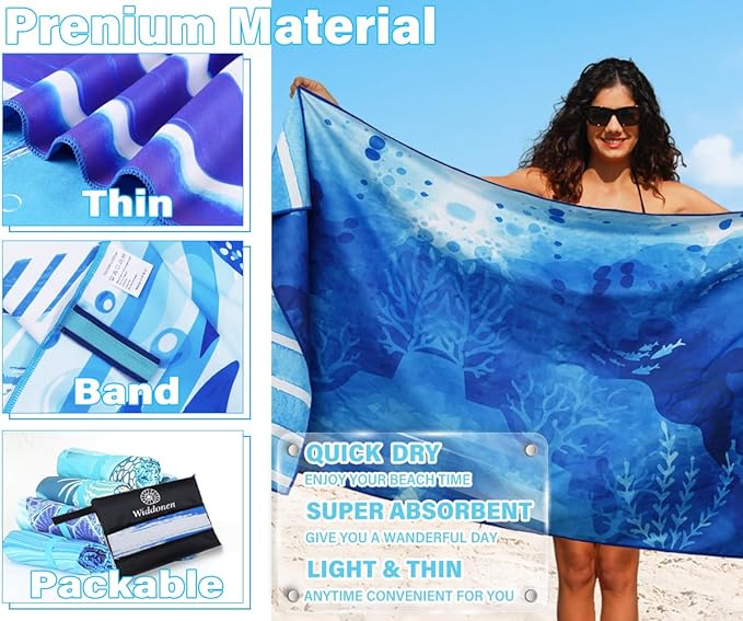 Lightweight Thin Microfiber Beach Towel Sand Free Quick Dry Absorbent Compact Soft Pool Swim Travel Towels Extra Large Oversized Beach Accessories Packable Essentials Stuff Gifts for Adult