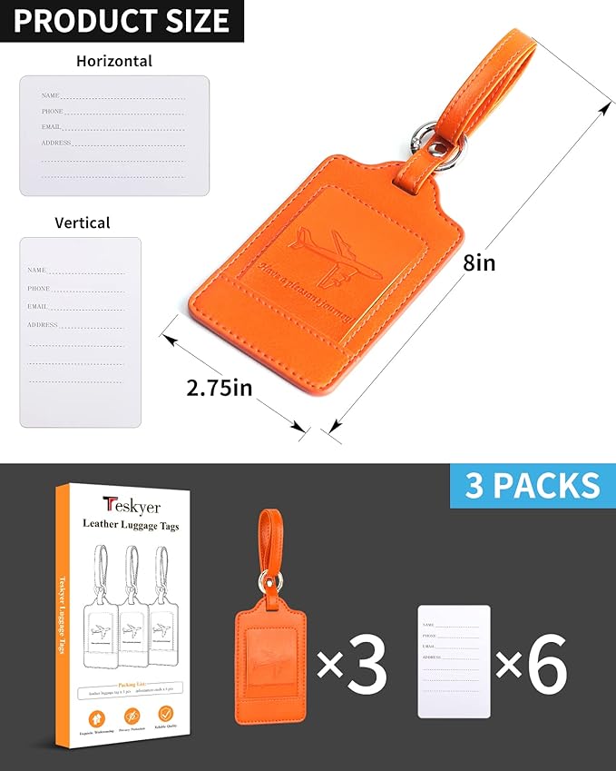 Teskyer Luggage Tags, 3 Pack Premium PU Leather Luggage Tags for Suitcases, Privacy Protection Travel Bag Tags, Orange