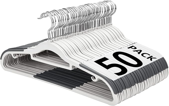 Plastic Hangers 50 Pack, Slim Clothes Hangers Non Slip, Non-staining Space Saving Hanger, 17.1 inches Coat Hanger Heavy Duty Hanging Dry Wet Clothes, Gray