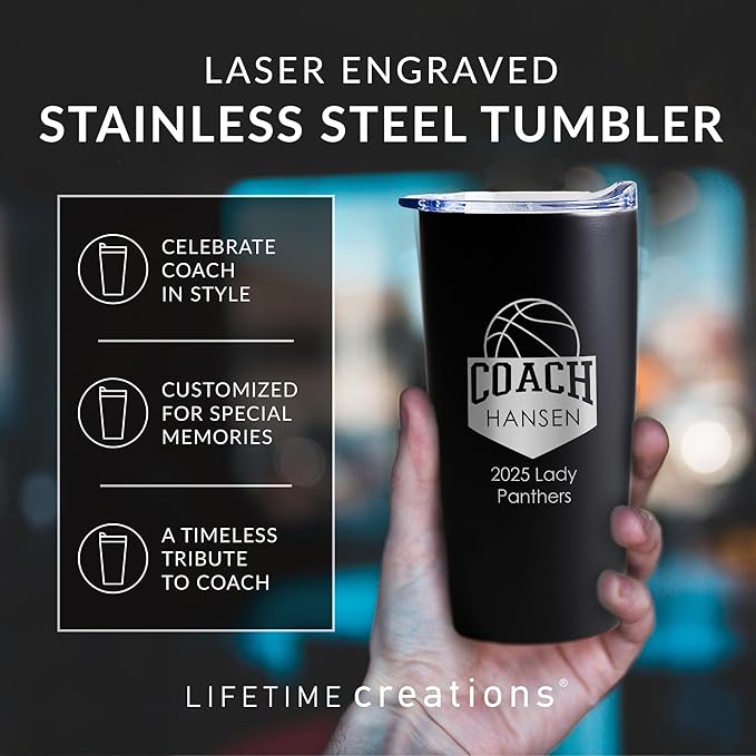 Lifetime Creations Personalized Basketball Coach Tumbler: Custom Basketball Coach Gift, Coaches Coffee Travel Mug from Team, Insulated Engraved Stainless Steel 20 Ounce Cup (Matte Black)